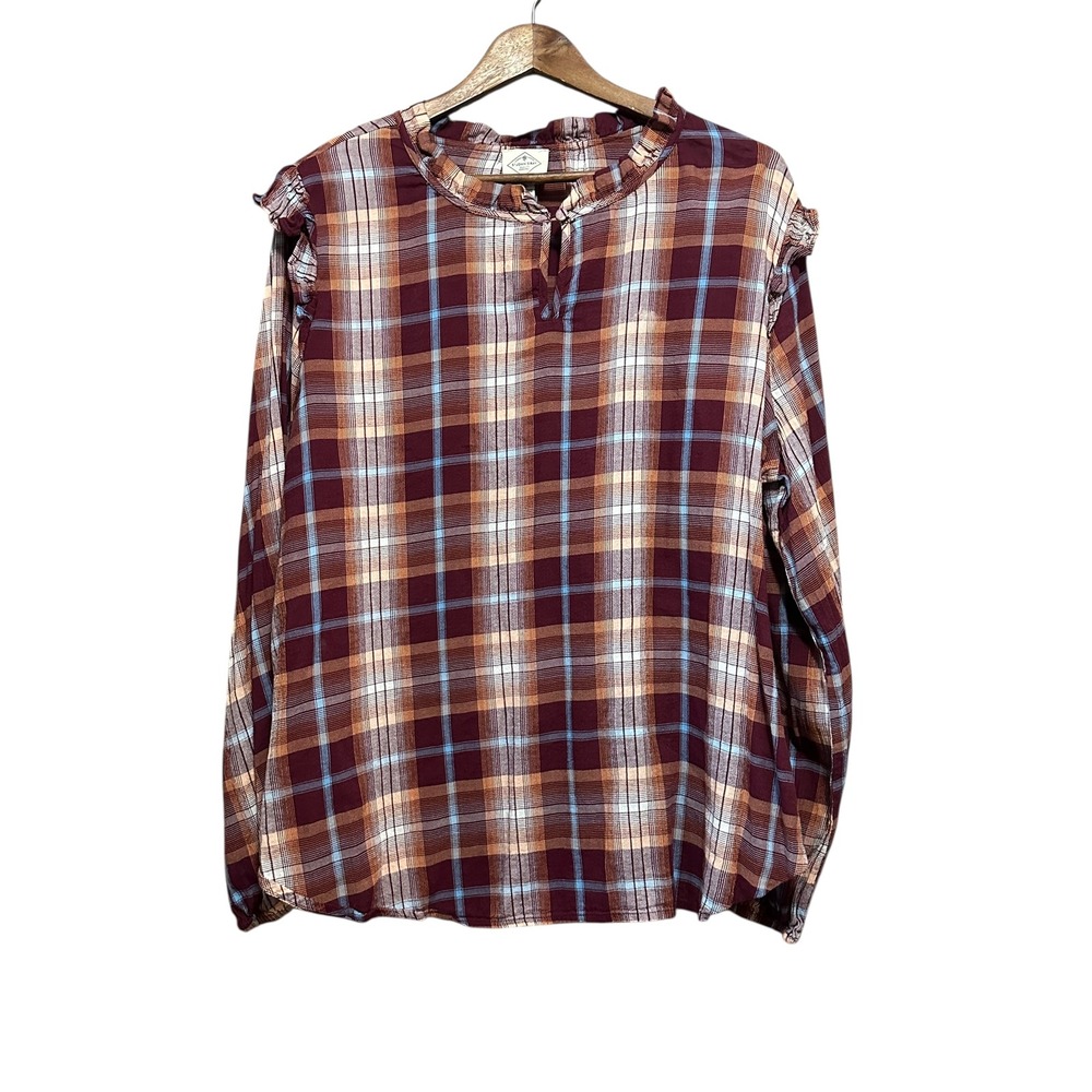 St John's Bay Plaid‎ Ruffle Neck Long Sleeve Top XL Maroon Tan Blue Casual
